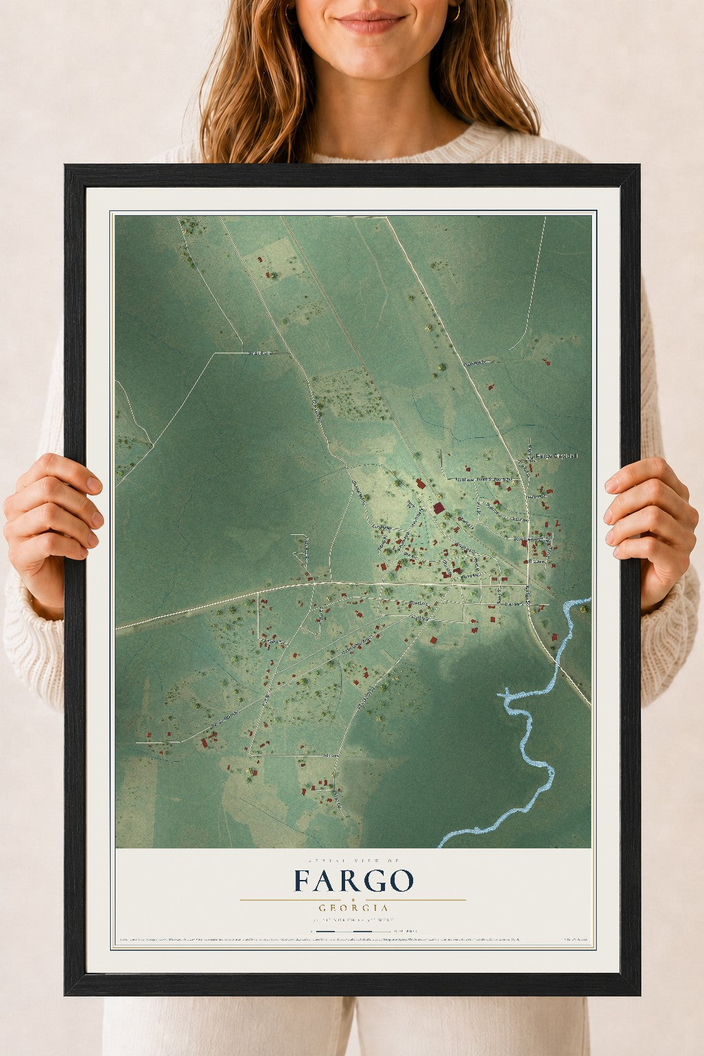Fargo, Georgia map print, 18" x 24" W/ Black Ayous Wood Frame mockup