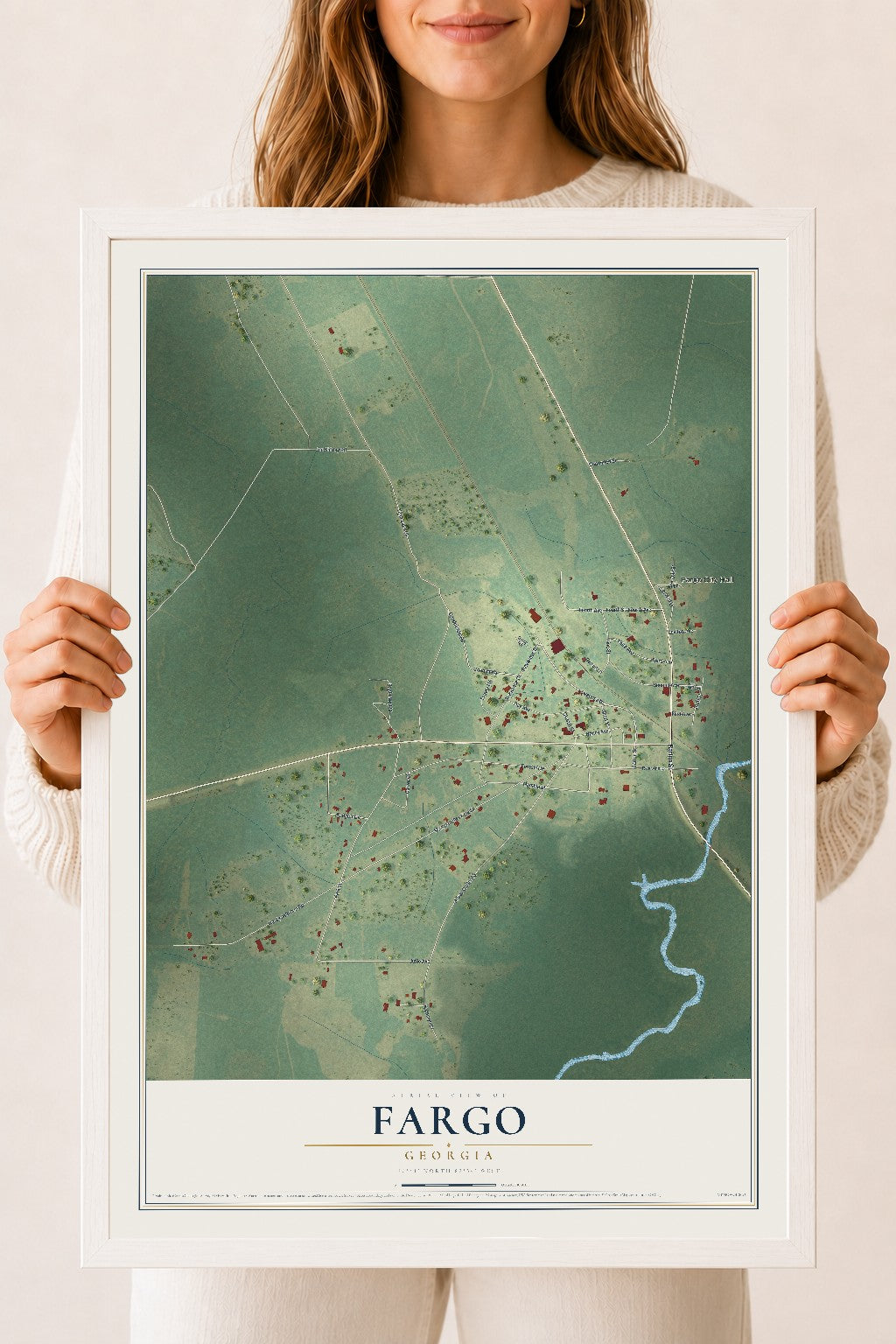 Fargo, Georgia map print, 18" x 24" W/ White Ayous Wood Frame mockup