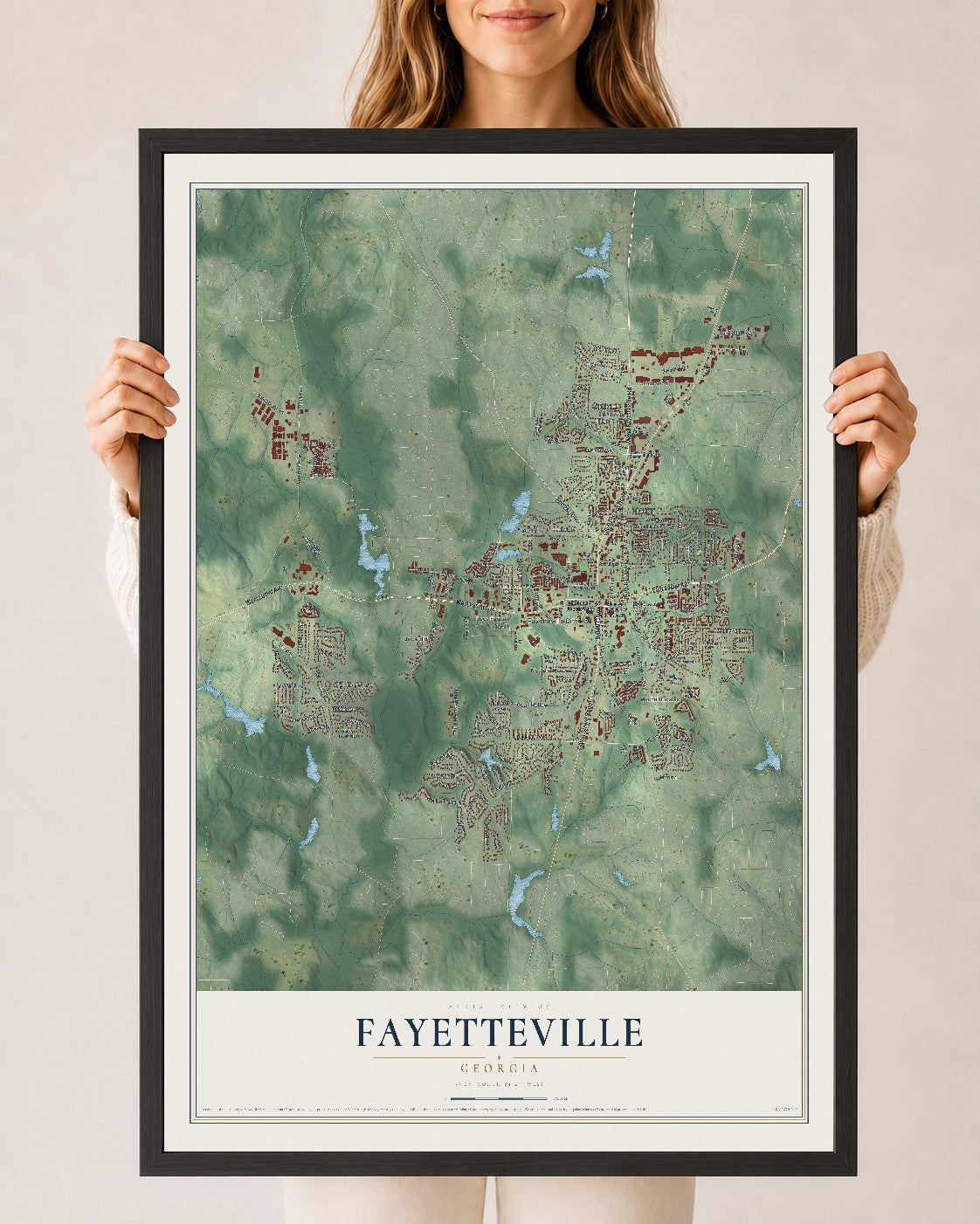 Fayetteville, Georgia map print, 24" x 36" W/ Black Ayous Wood Frame mockup