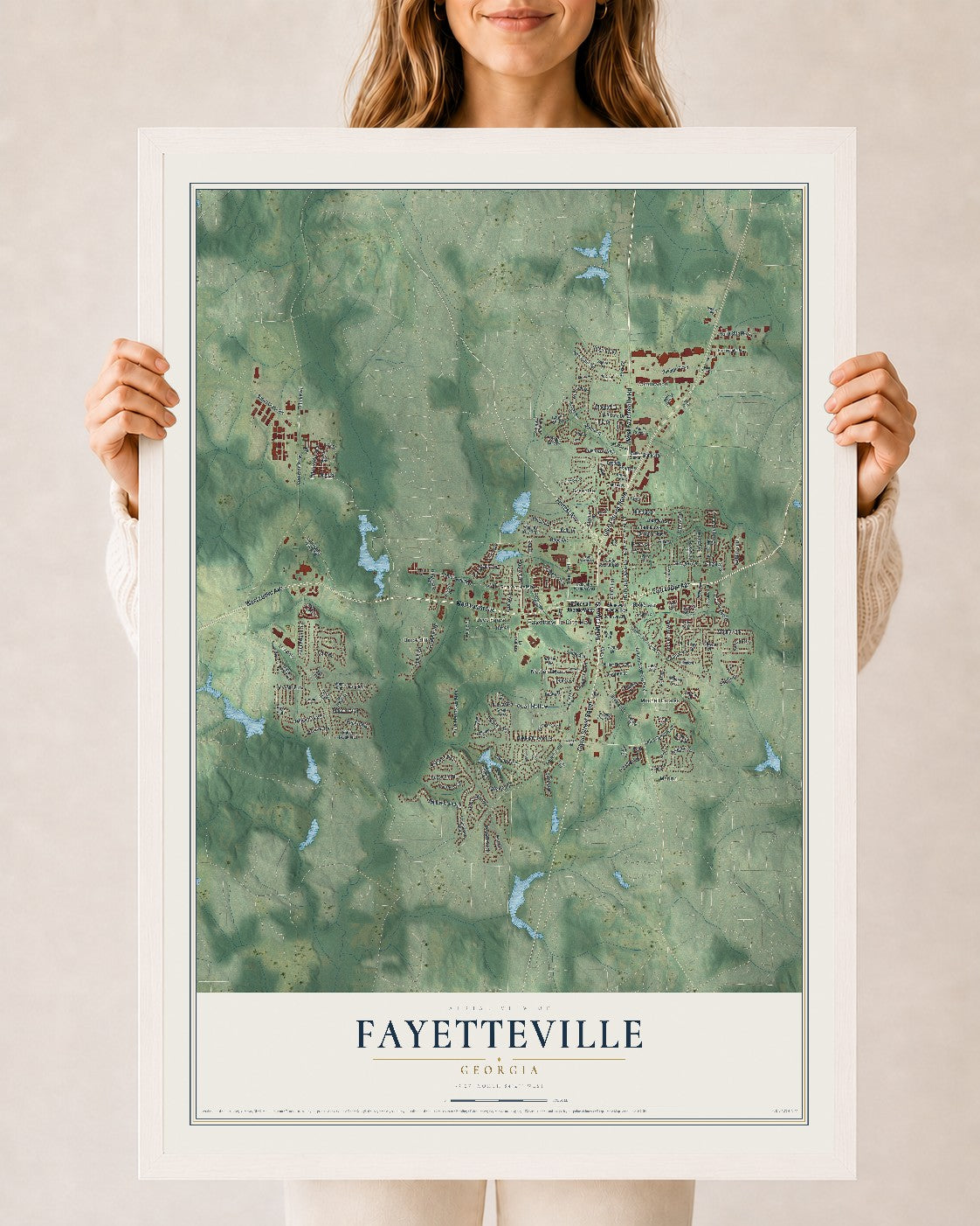 Fayetteville, Georgia map print, 24" x 36" W/ White Ayous Wood Frame mockup