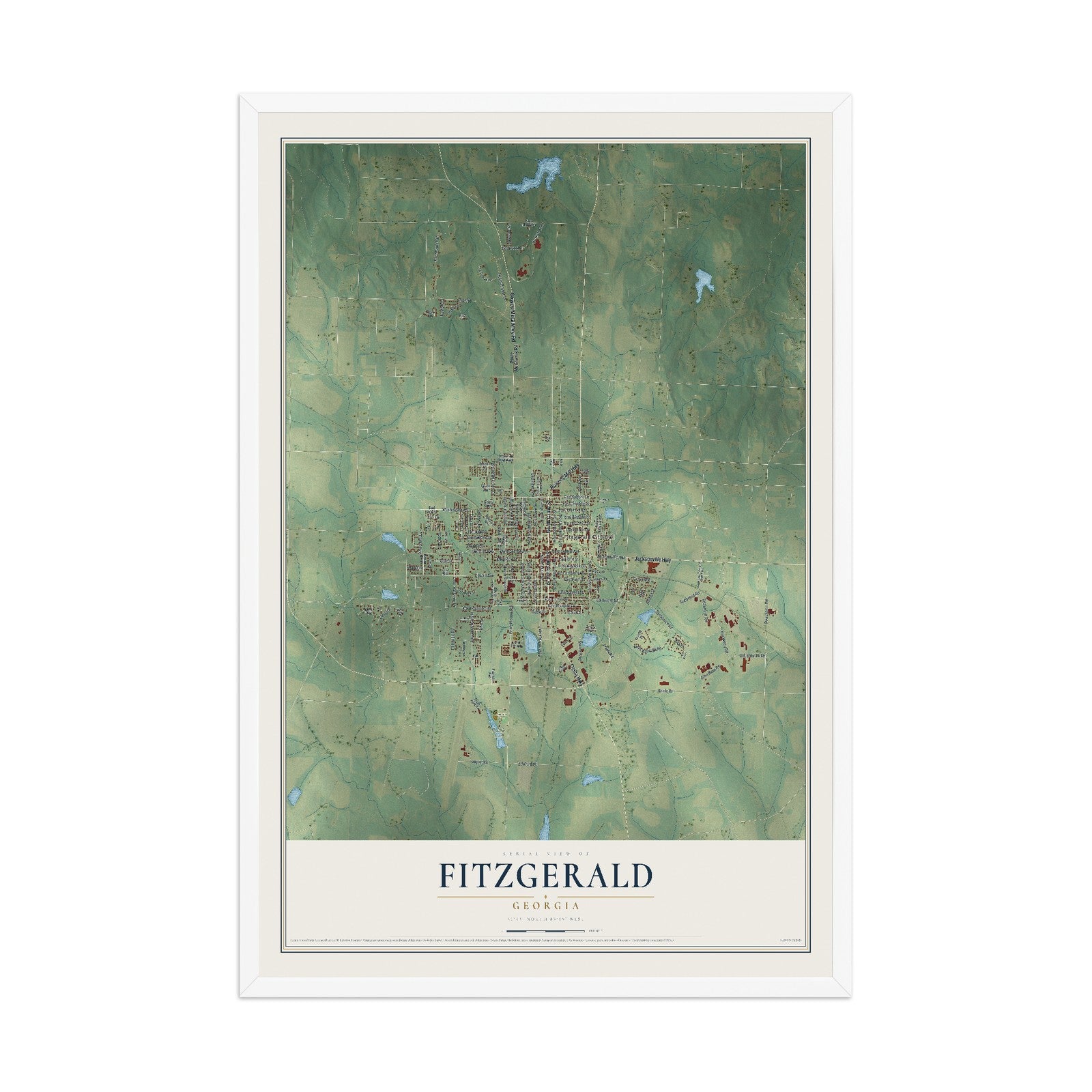Fitzgerald, Georgia map print, 12" x 18" W/ White Ayous Wood Frame mockup