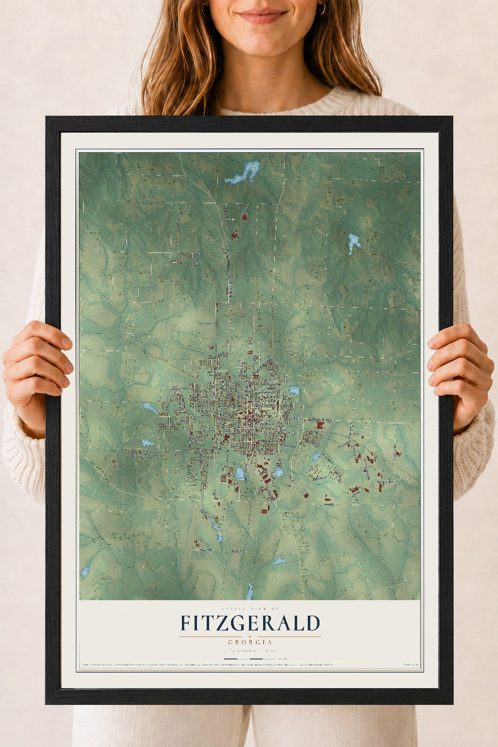 Fitzgerald, Georgia map print, 18" x 24" W/ Black Ayous Wood Frame mockup