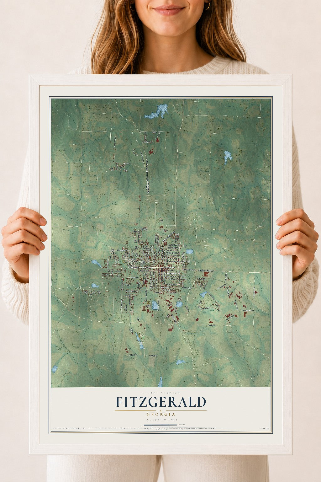 Fitzgerald, Georgia map print, 18" x 24" W/ White Ayous Wood Frame mockup