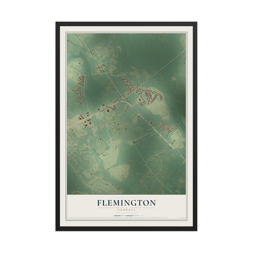 Map of Flemington, Georgia, 12 x 18 inch print in a black wood frame