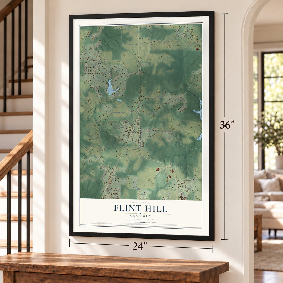 Flint Hill, Georgia map, 24 x 36 inch print in a black frame by a staircase