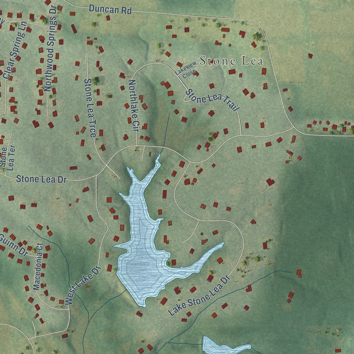 Close-up of the map of Flint Hill, Georgia print showing street and building detail