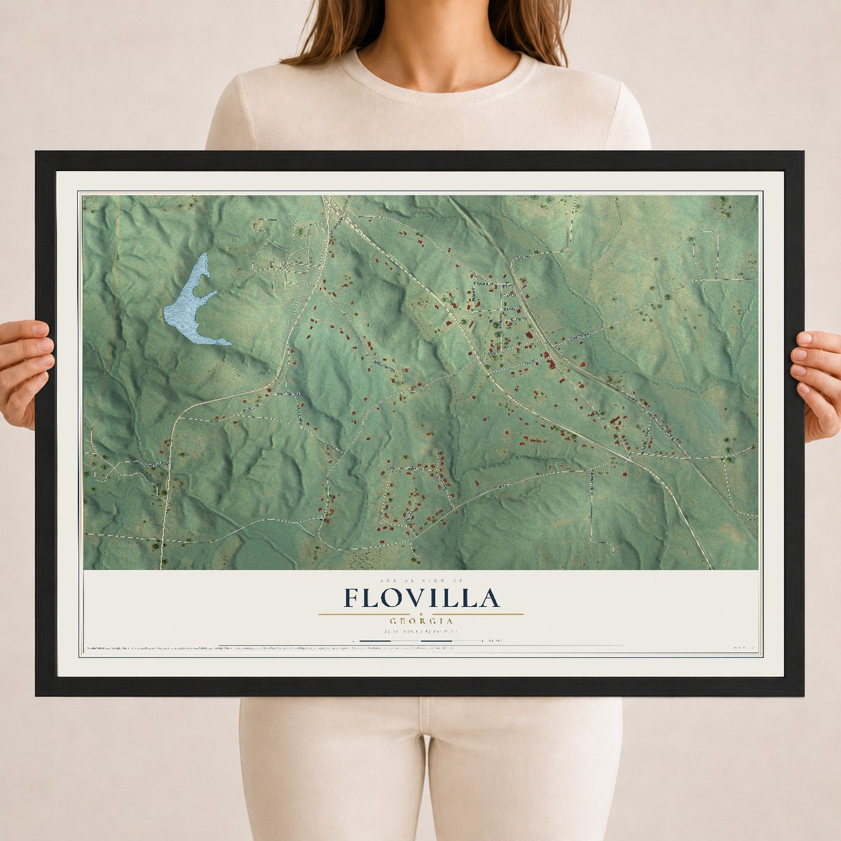 Flovilla, Georgia map print, 18" x 24" W/ Black Ayous Wood Frame mockup