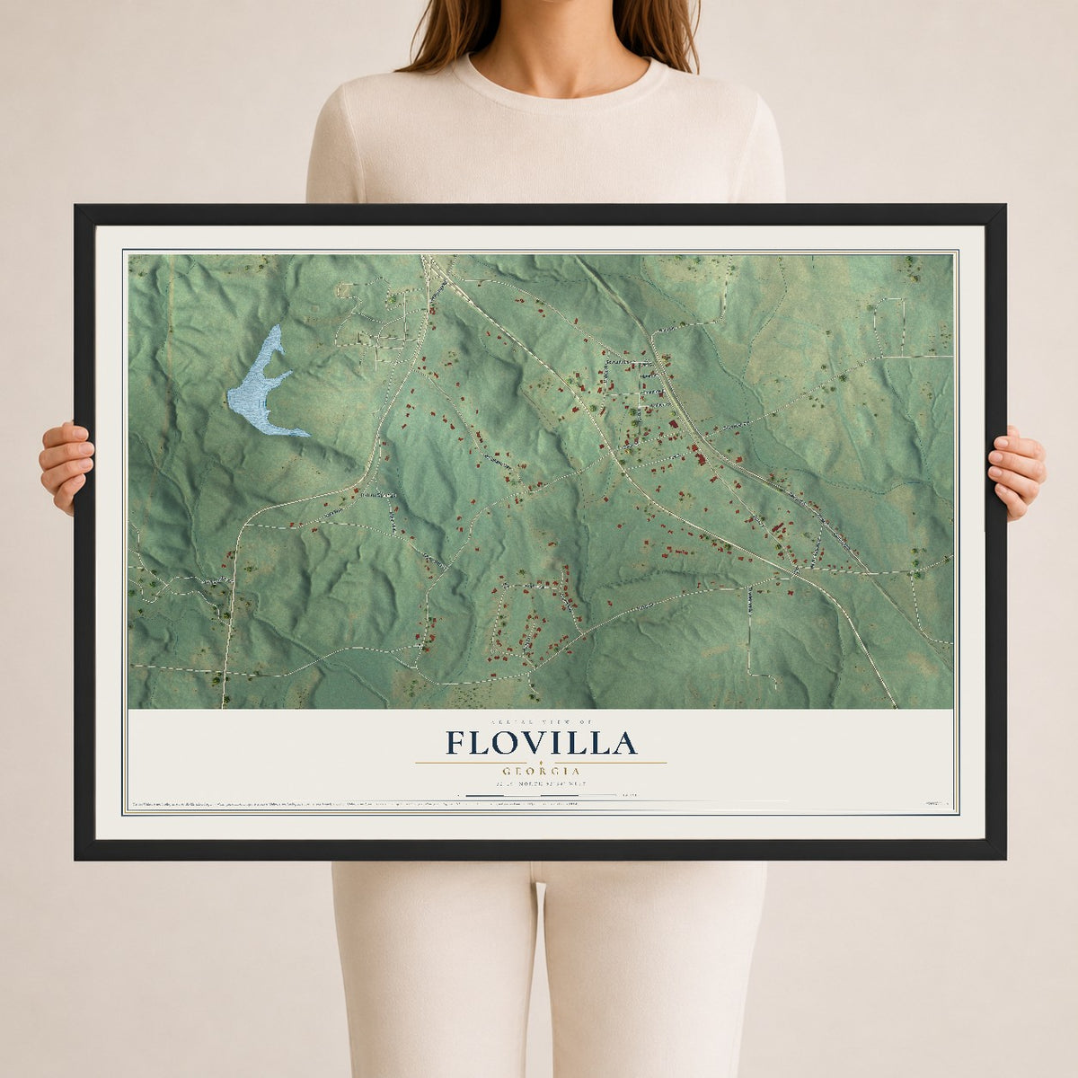 Flovilla, Georgia map print, 24" x 36" W/ Black Ayous Wood Frame mockup