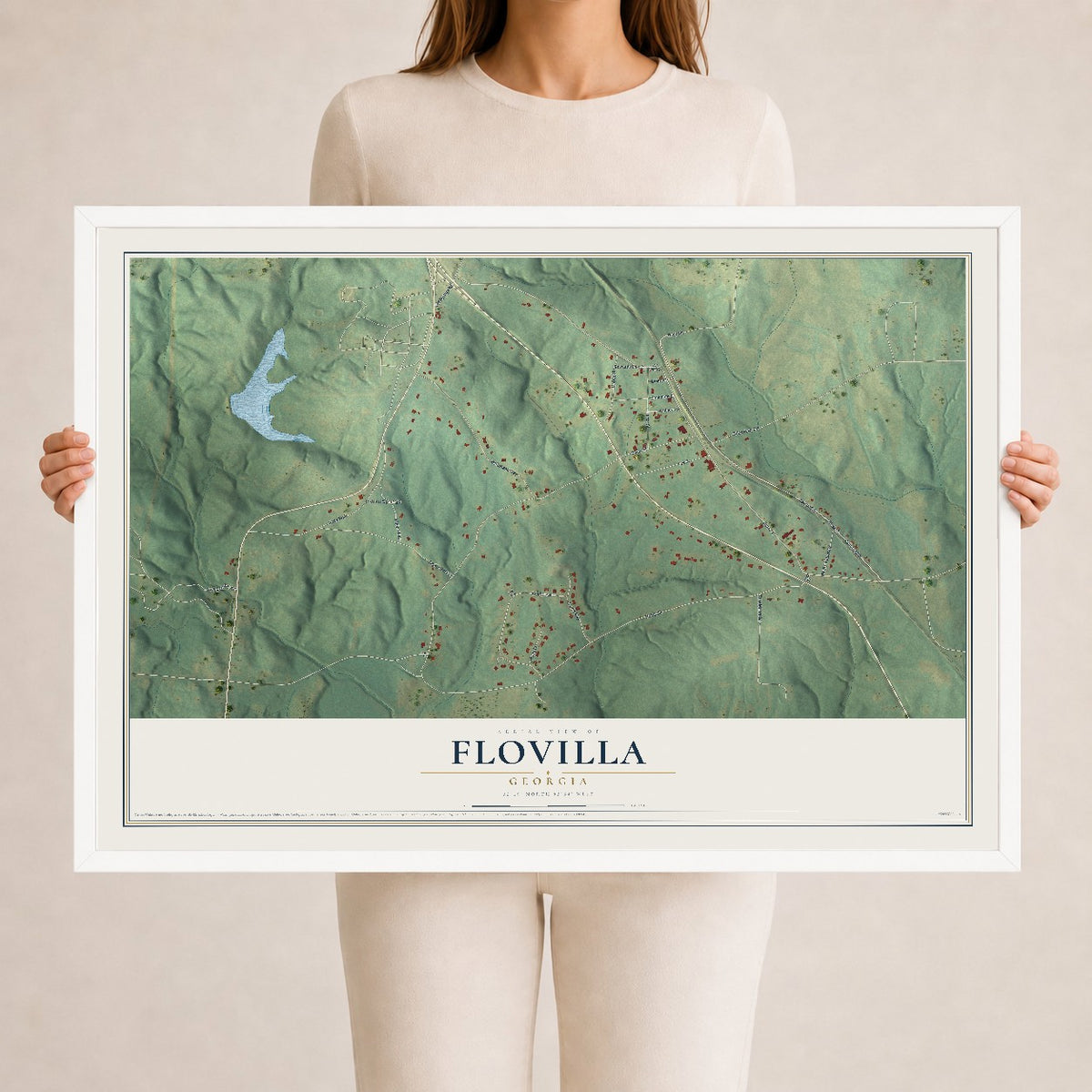 Flovilla, Georgia map print, 24" x 36" W/ White Ayous Wood Frame mockup