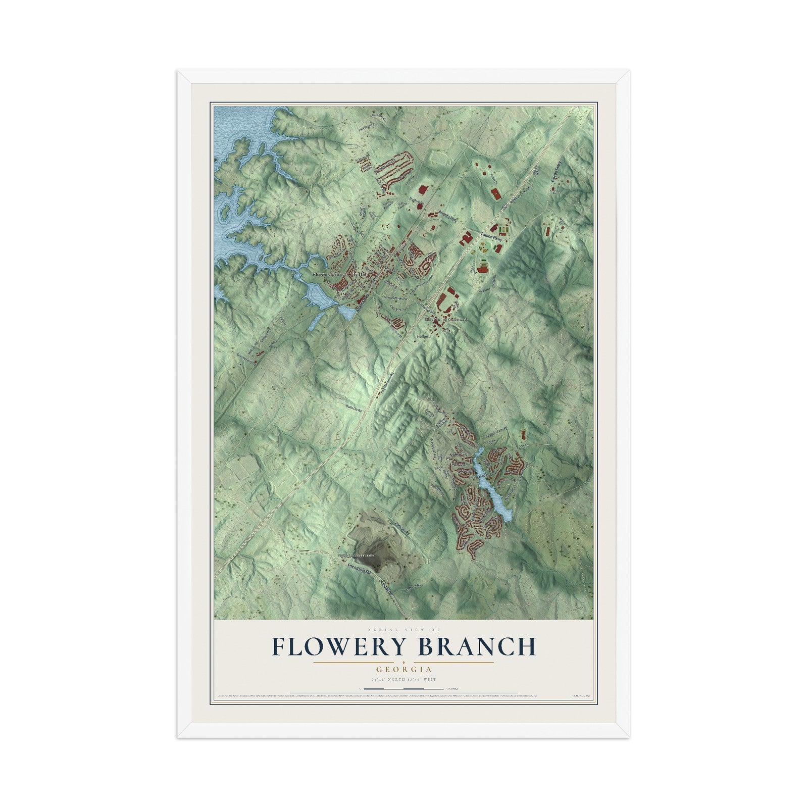 Flowery Branch, Georgia map print, 12" x 18" W/ White Ayous Wood Frame mockup