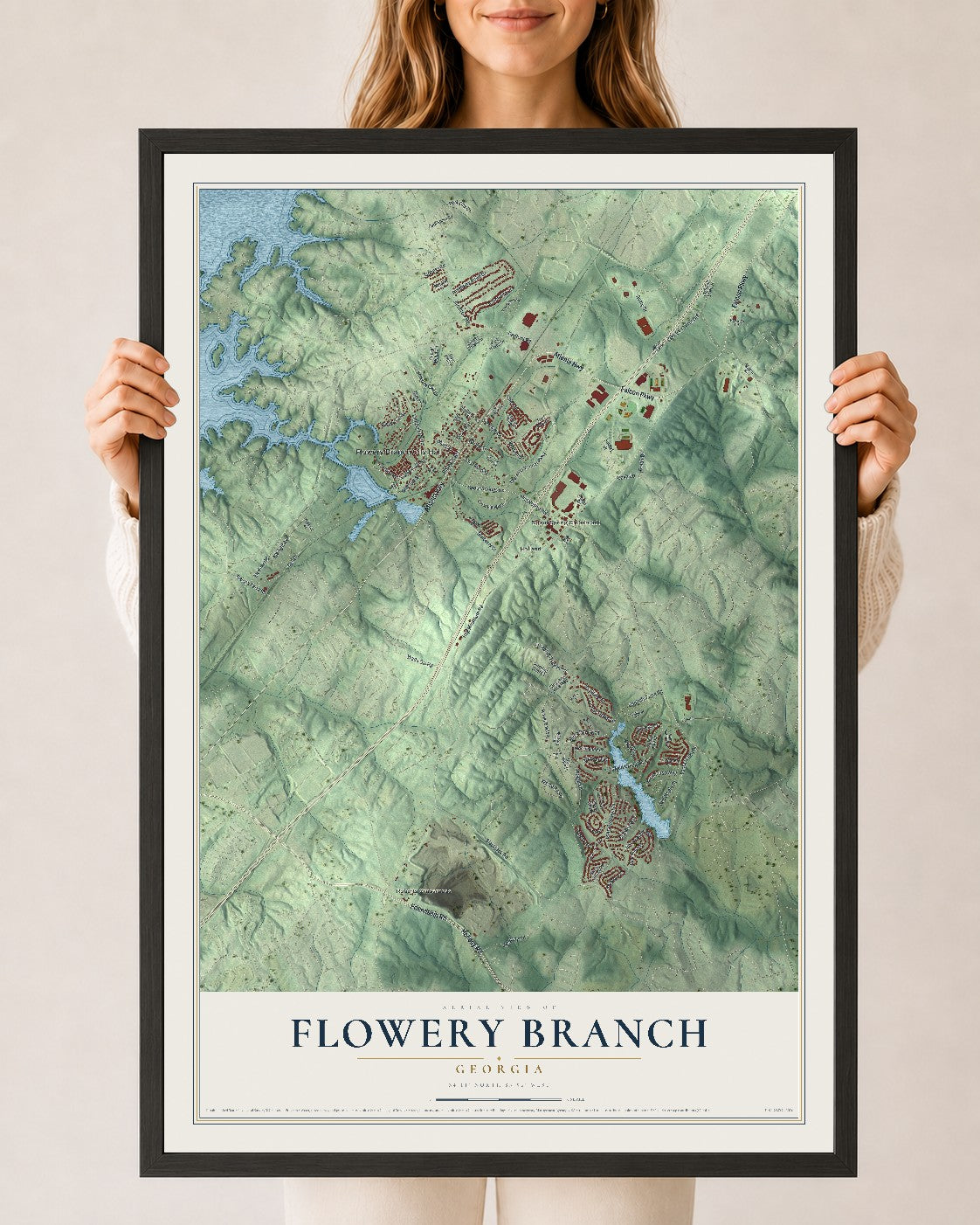Flowery Branch, Georgia map print, 24" x 36" W/ Black Ayous Wood Frame mockup
