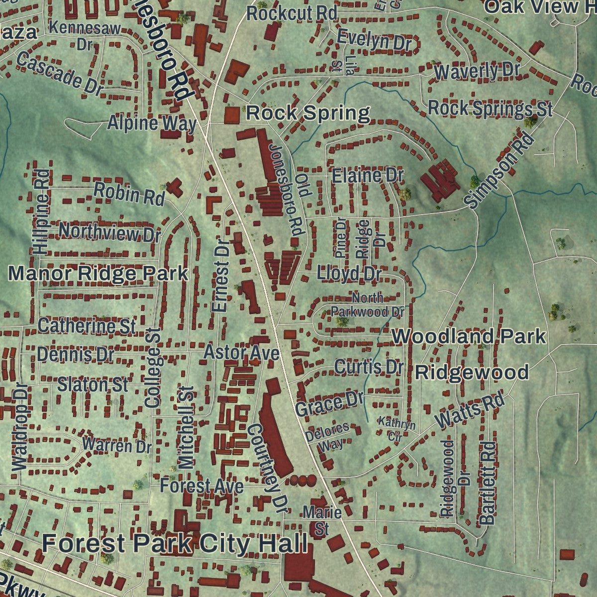 Close-up 1 of the Forest Park, Georgia map artwork