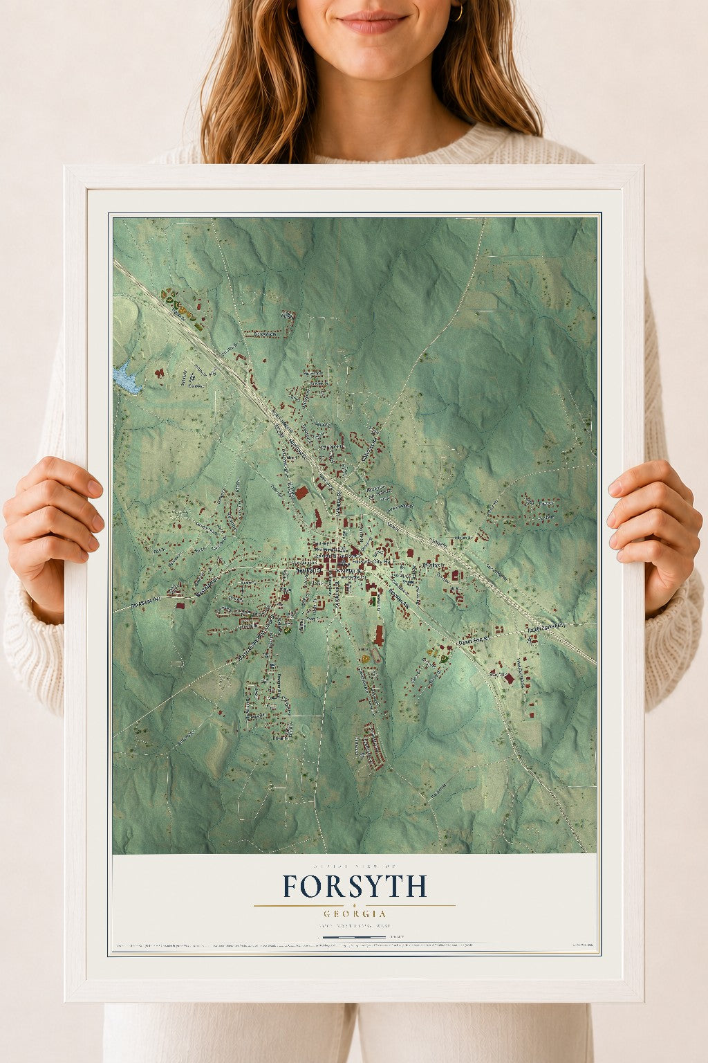 Forsyth, Georgia map print, 18" x 24" W/ White Ayous Wood Frame mockup