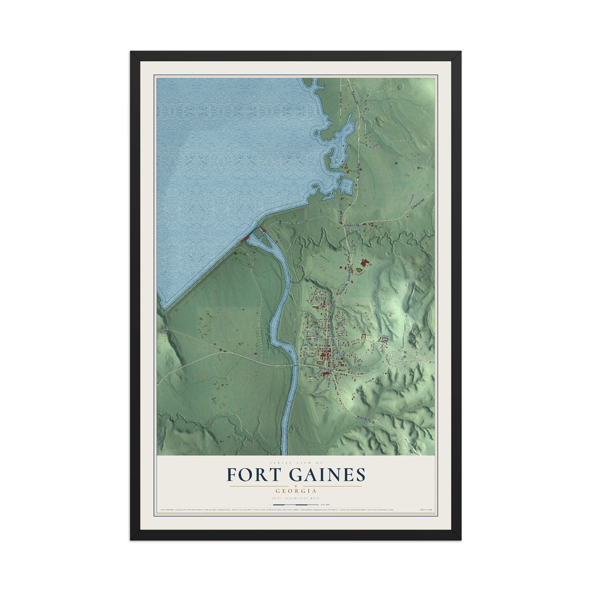 Fort Gaines, Georgia map print, 12" x 18" W/ Black Ayous Wood Frame mockup