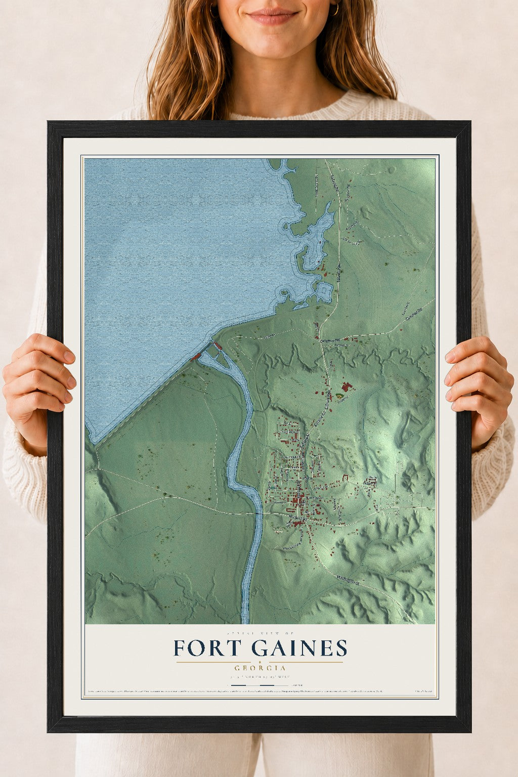 Fort Gaines, Georgia map print, 18" x 24" W/ Black Ayous Wood Frame mockup