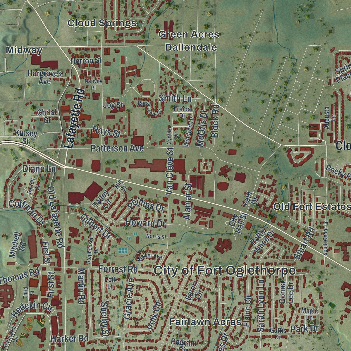 Close-up 1 of the Fort Oglethorpe, Georgia map artwork