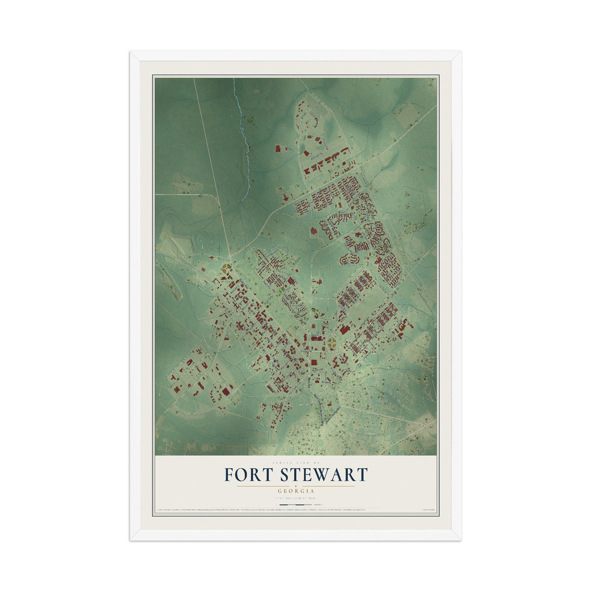 Fort Stewart, Georgia map print, 12" x 18" W/ White Ayous Wood Frame mockup