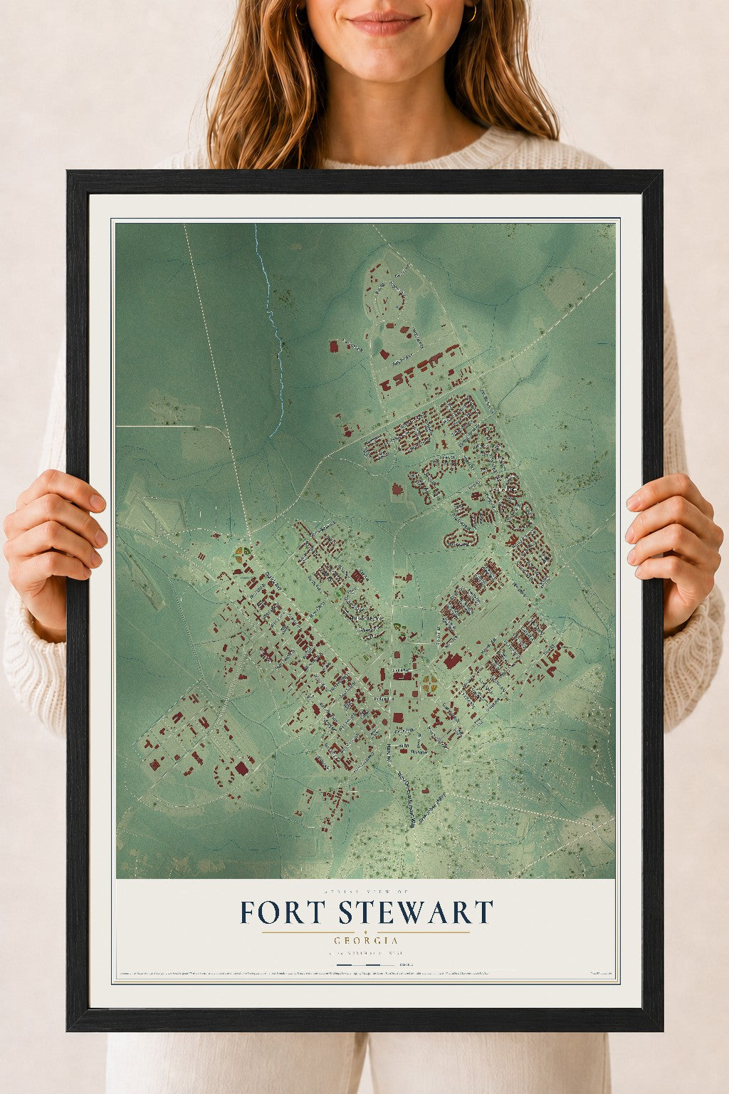 Fort Stewart, Georgia map print, 18" x 24" W/ Black Ayous Wood Frame mockup