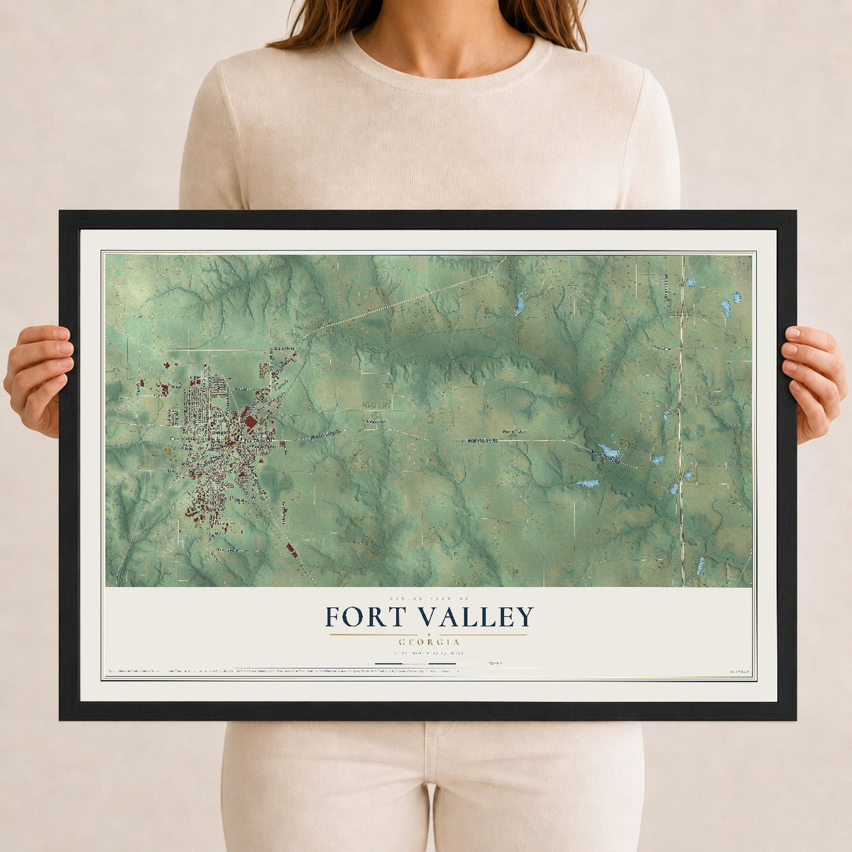 Fort Valley, Georgia map print, 12" x 18" W/ Black Ayous Wood Frame mockup