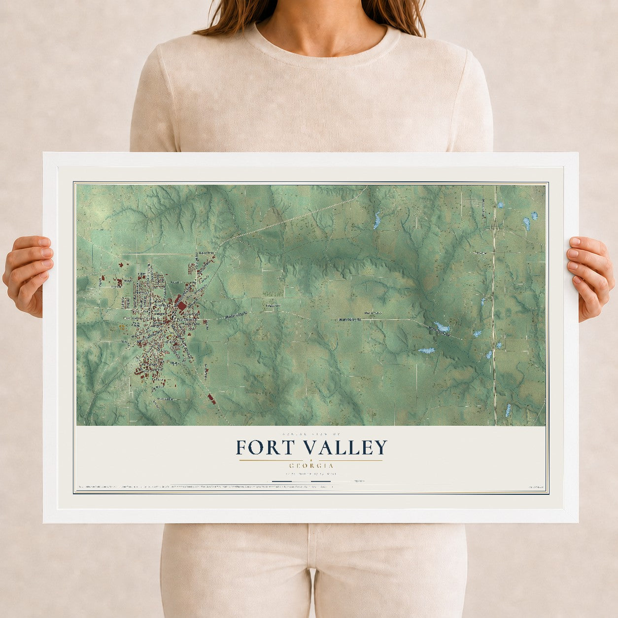 Fort Valley, Georgia map print, 12" x 18" W/ White Ayous Wood Frame mockup