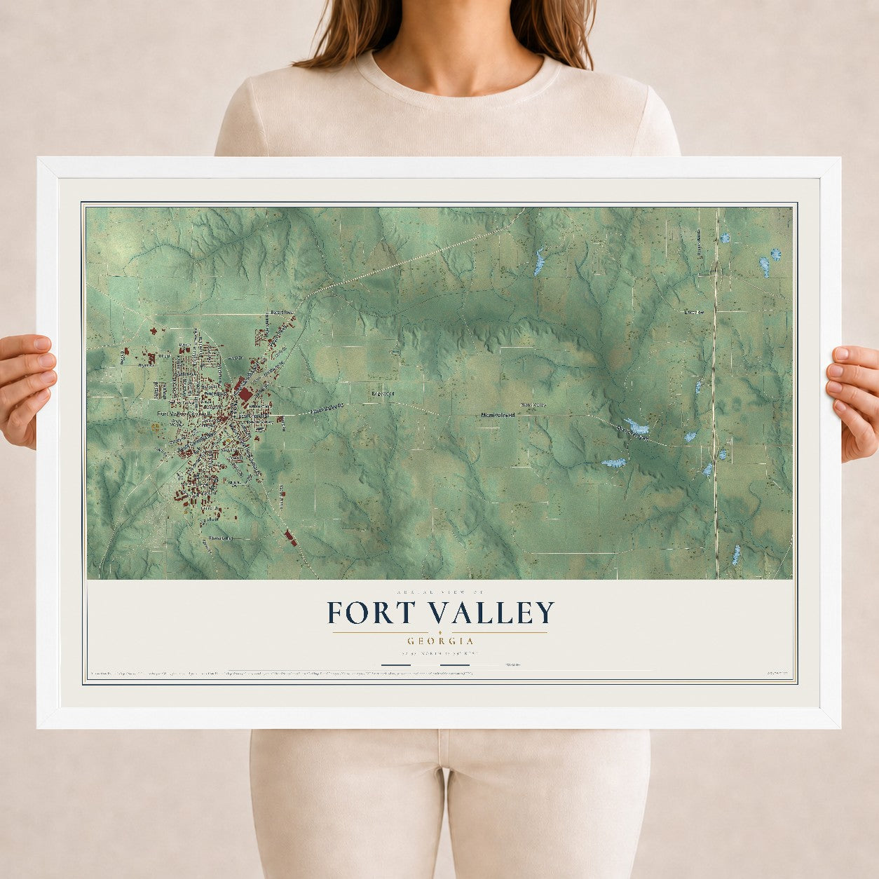 Fort Valley, Georgia map print, 18" x 24" W/ White Ayous Wood Frame mockup