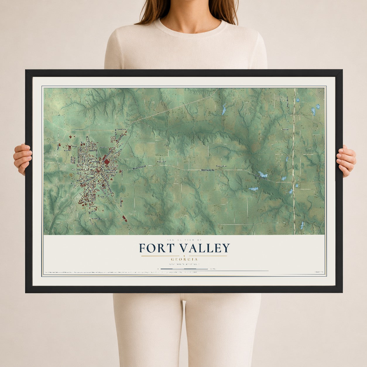 Fort Valley, Georgia map print, 24" x 36" W/ Black Ayous Wood Frame mockup