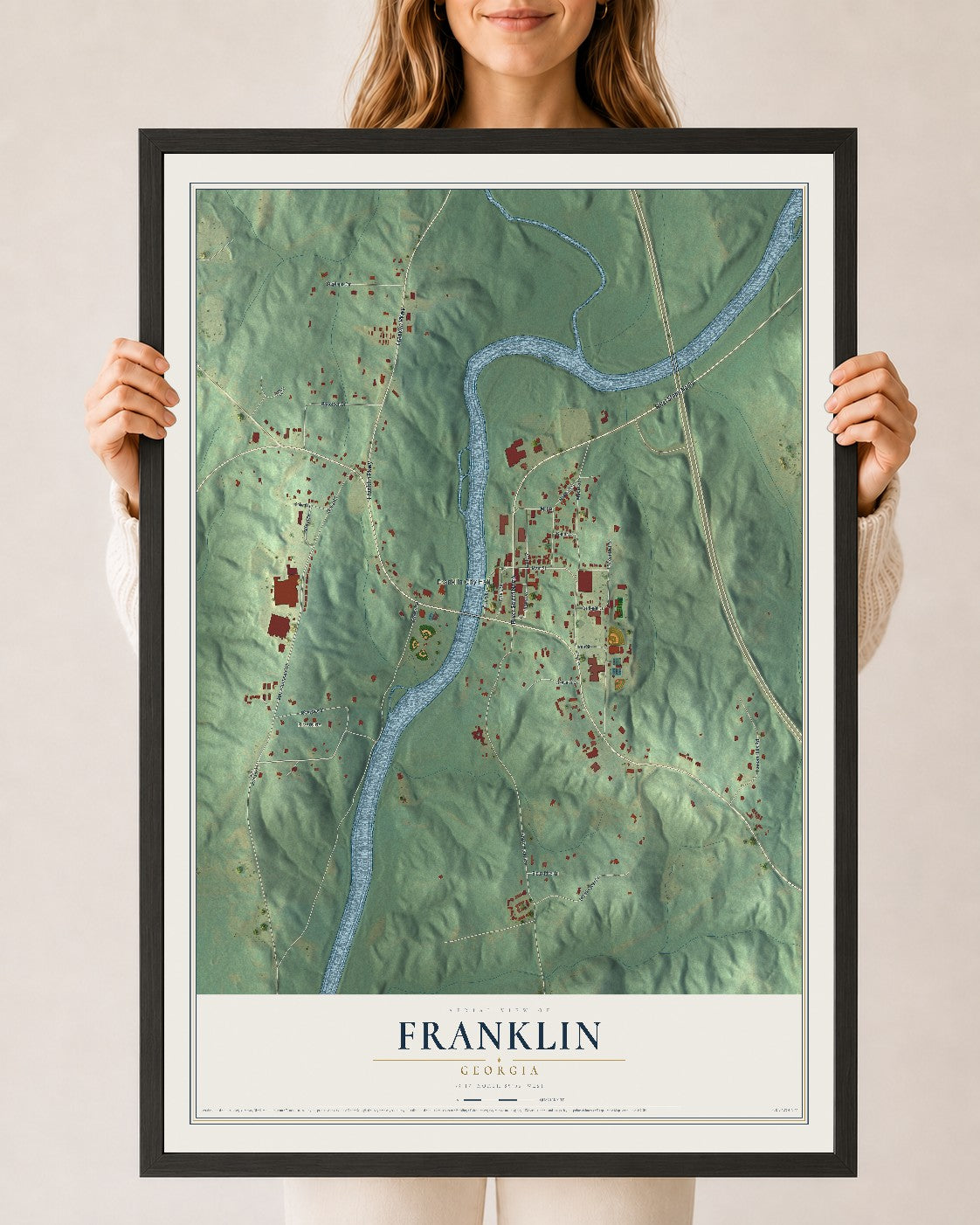 Franklin, Georgia map print, 24" x 36" W/ Black Ayous Wood Frame mockup