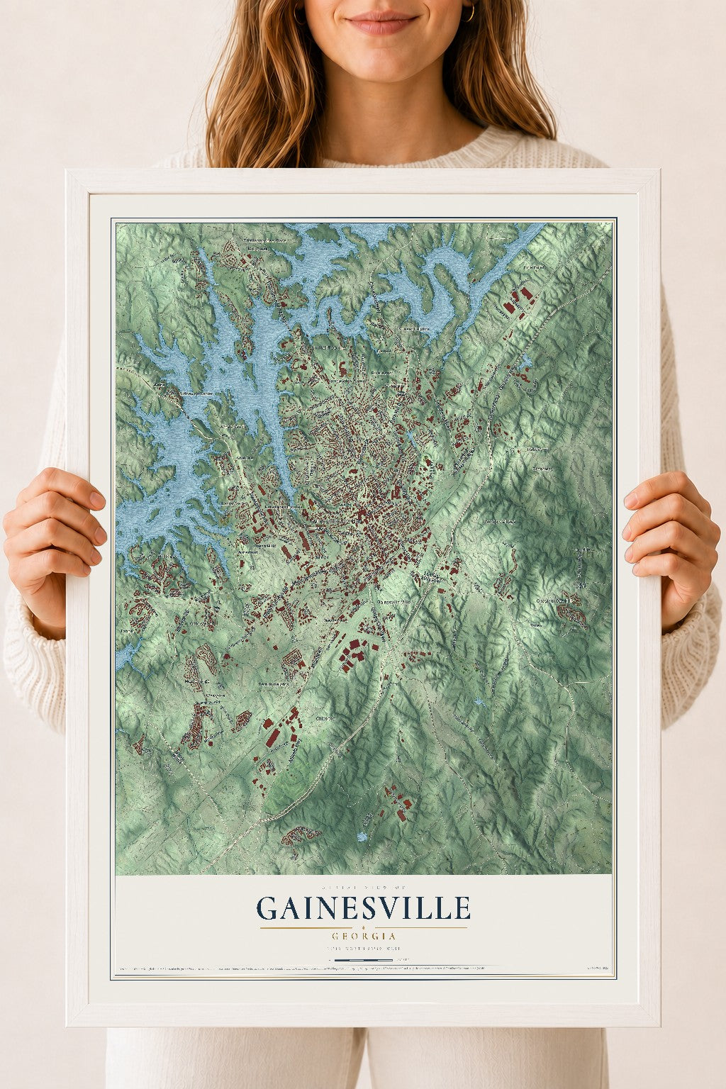 Gainesville, Georgia map print, 18" x 24" W/ White Ayous Wood Frame mockup