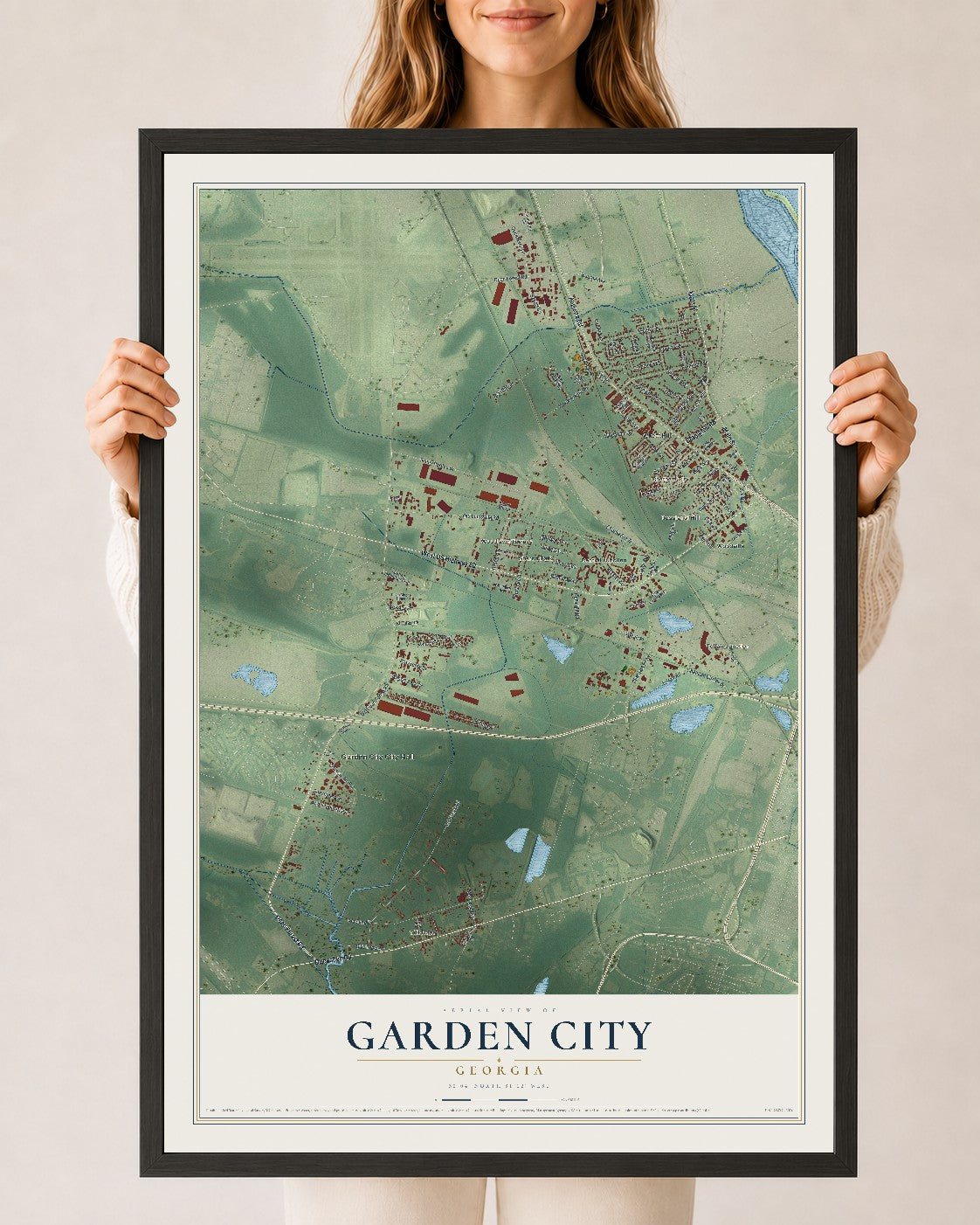 Garden City, Georgia map print, 24" x 36" W/ Black Ayous Wood Frame mockup