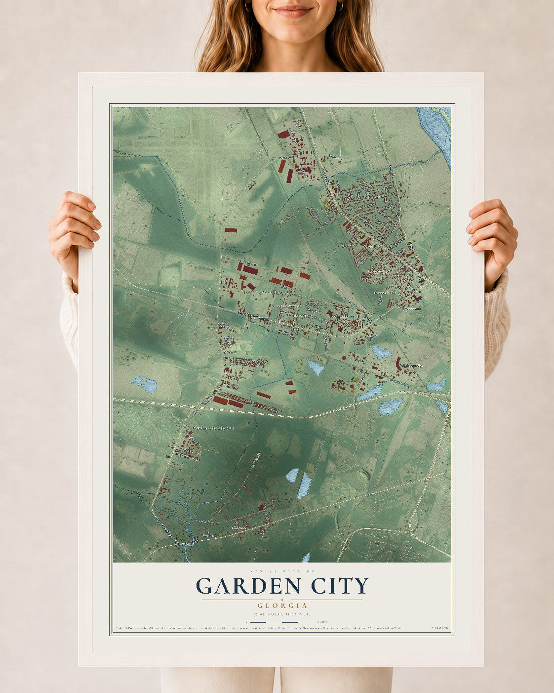 Garden City, Georgia map print, 24" x 36" W/ White Ayous Wood Frame mockup