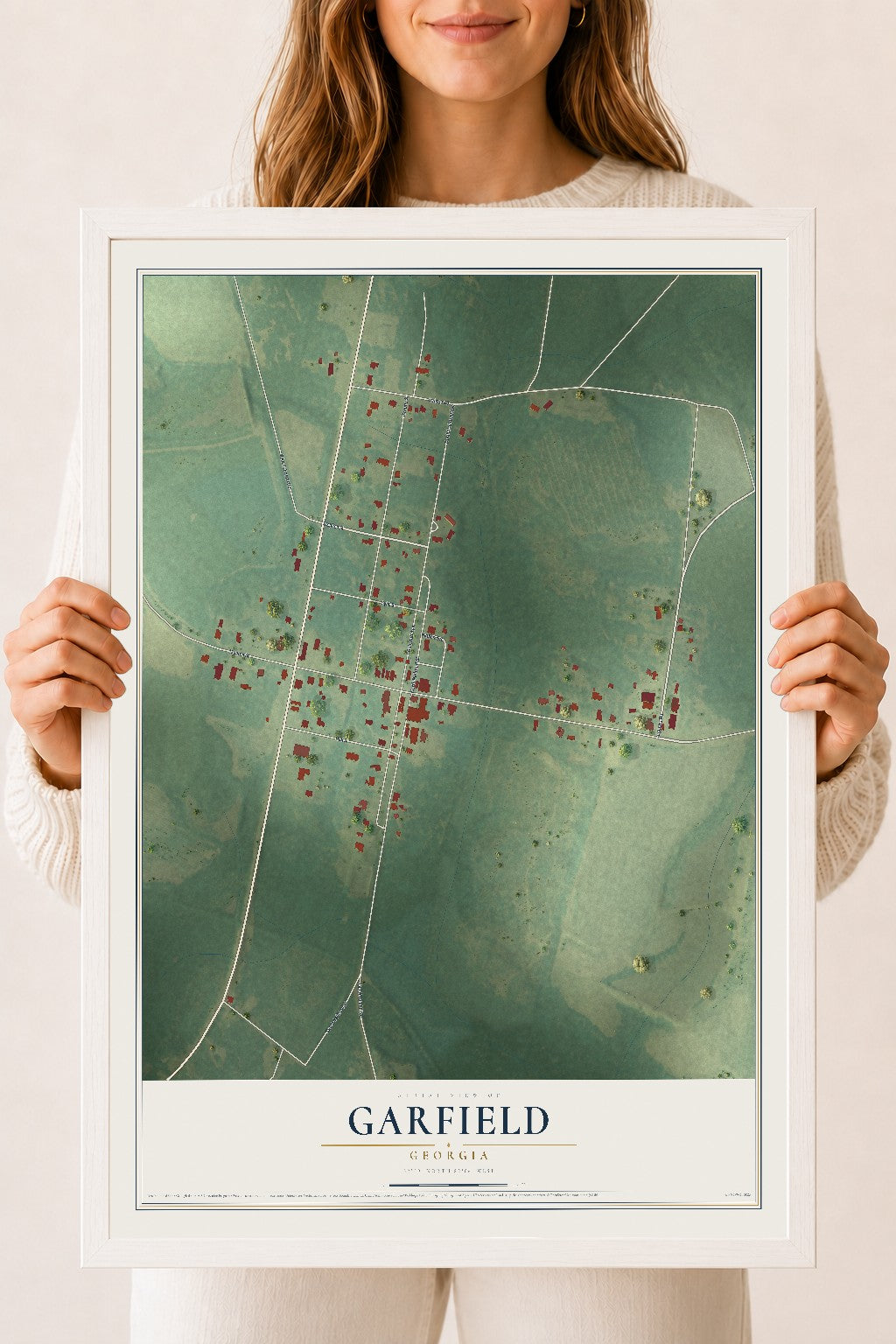 Garfield, Georgia map print, 18" x 24" W/ White Ayous Wood Frame mockup