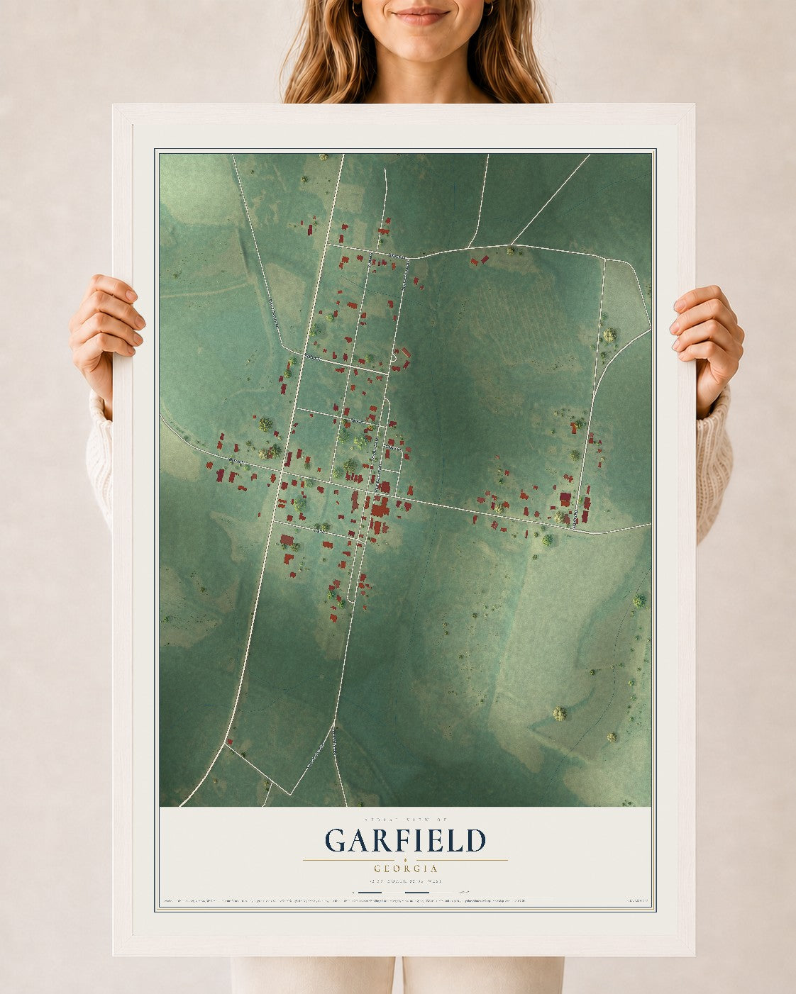 Garfield, Georgia map print, 24" x 36" W/ White Ayous Wood Frame mockup