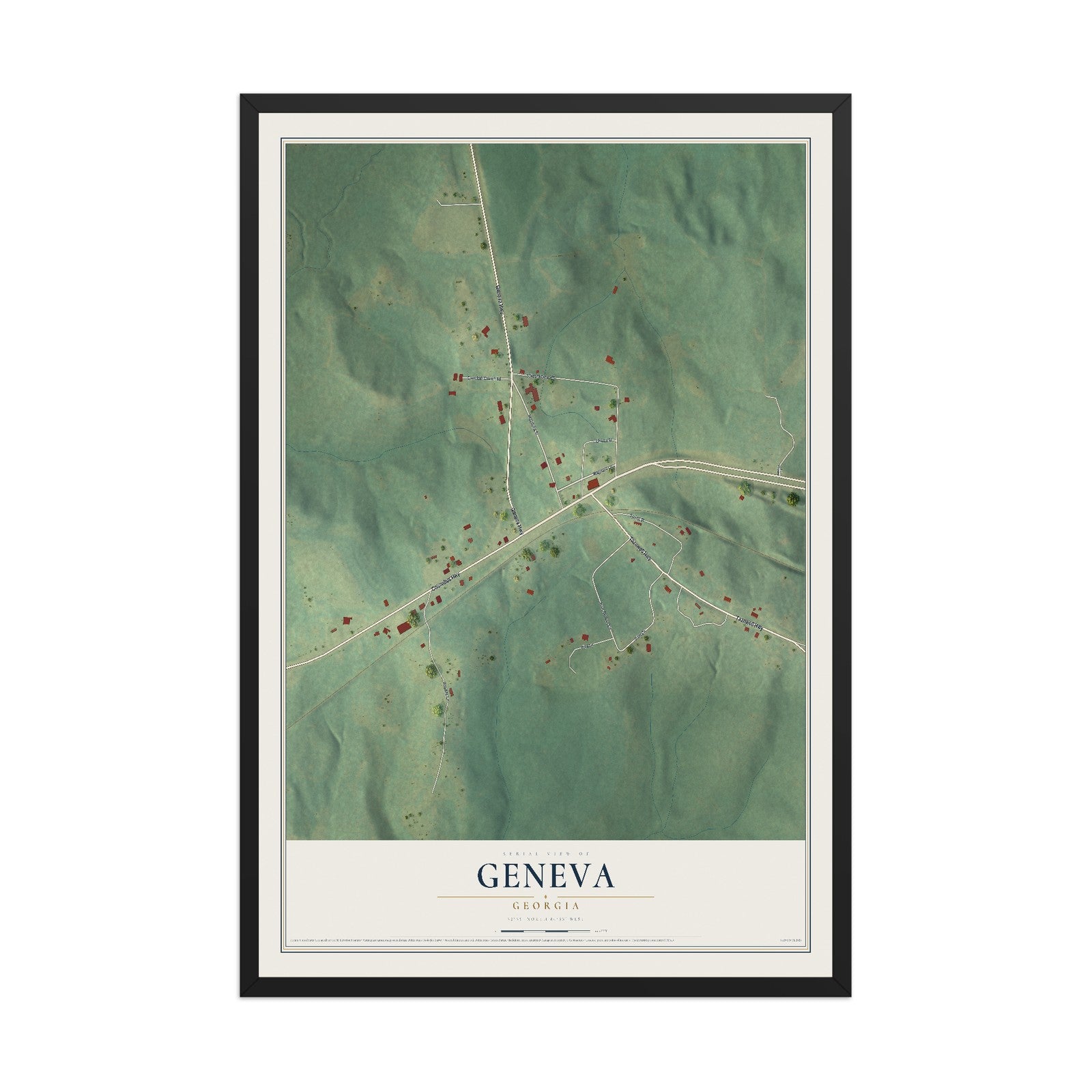 Geneva, Georgia map print, 12" x 18" W/ Black Ayous Wood Frame mockup