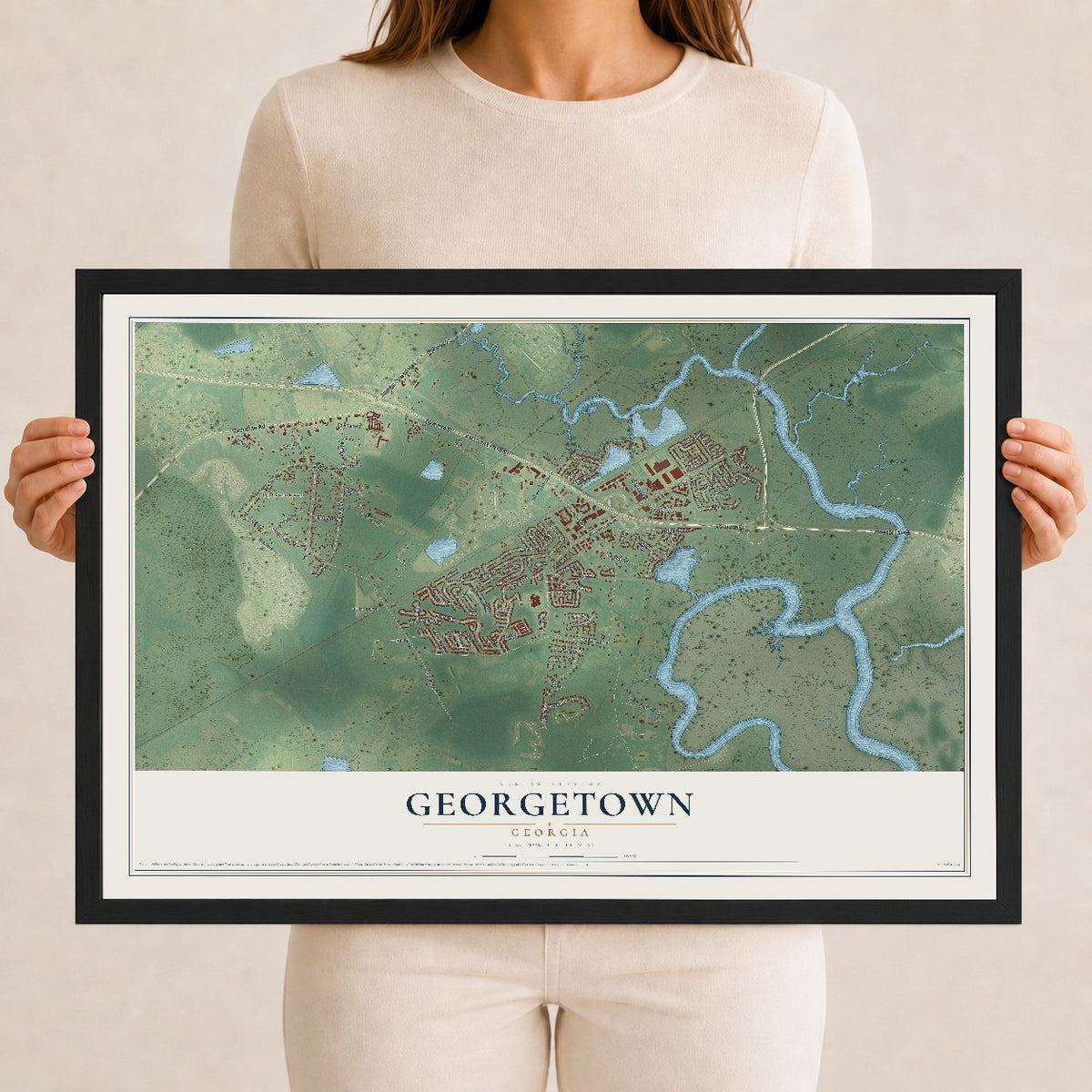Georgetown, Georgia map print, 12" x 18" W/ Black Ayous Wood Frame mockup