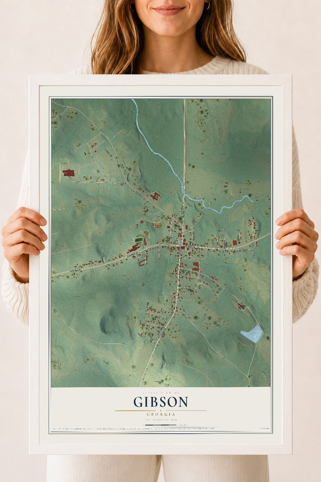 Gibson, Georgia map print, 18" x 24" W/ White Ayous Wood Frame mockup