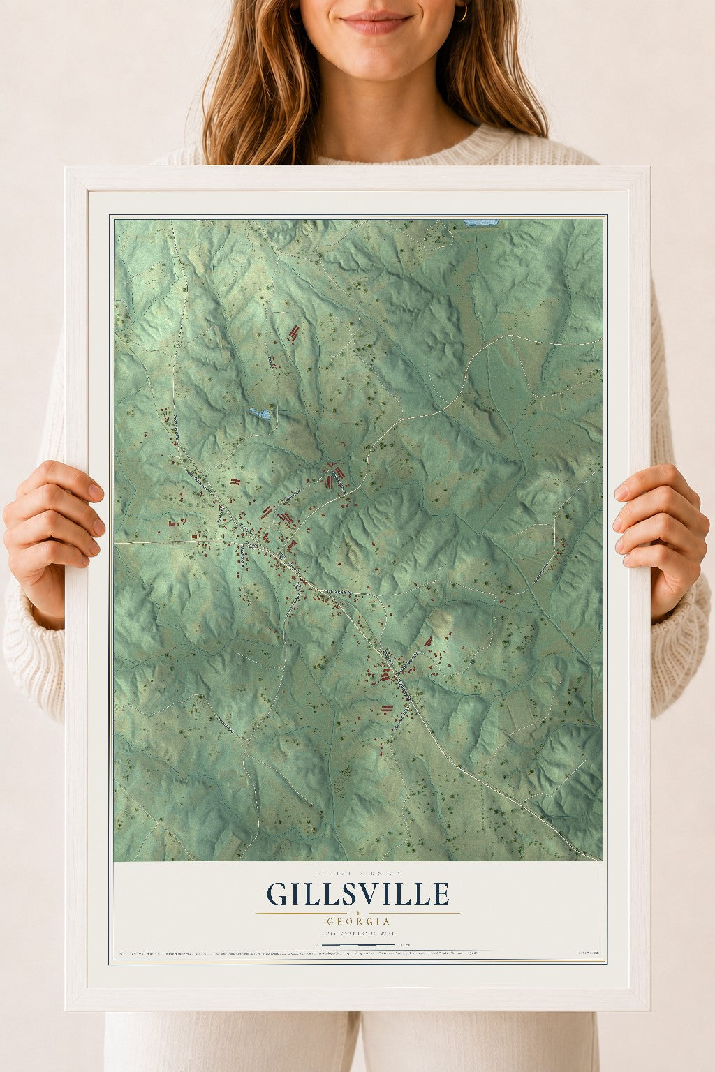 Gillsville, Georgia map print, 18" x 24" W/ White Ayous Wood Frame mockup