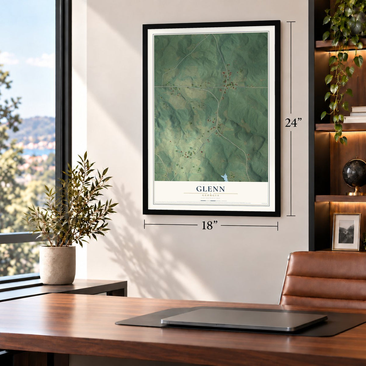 Glenn, Georgia map, 18 x 24 inch print in a black frame in a home office