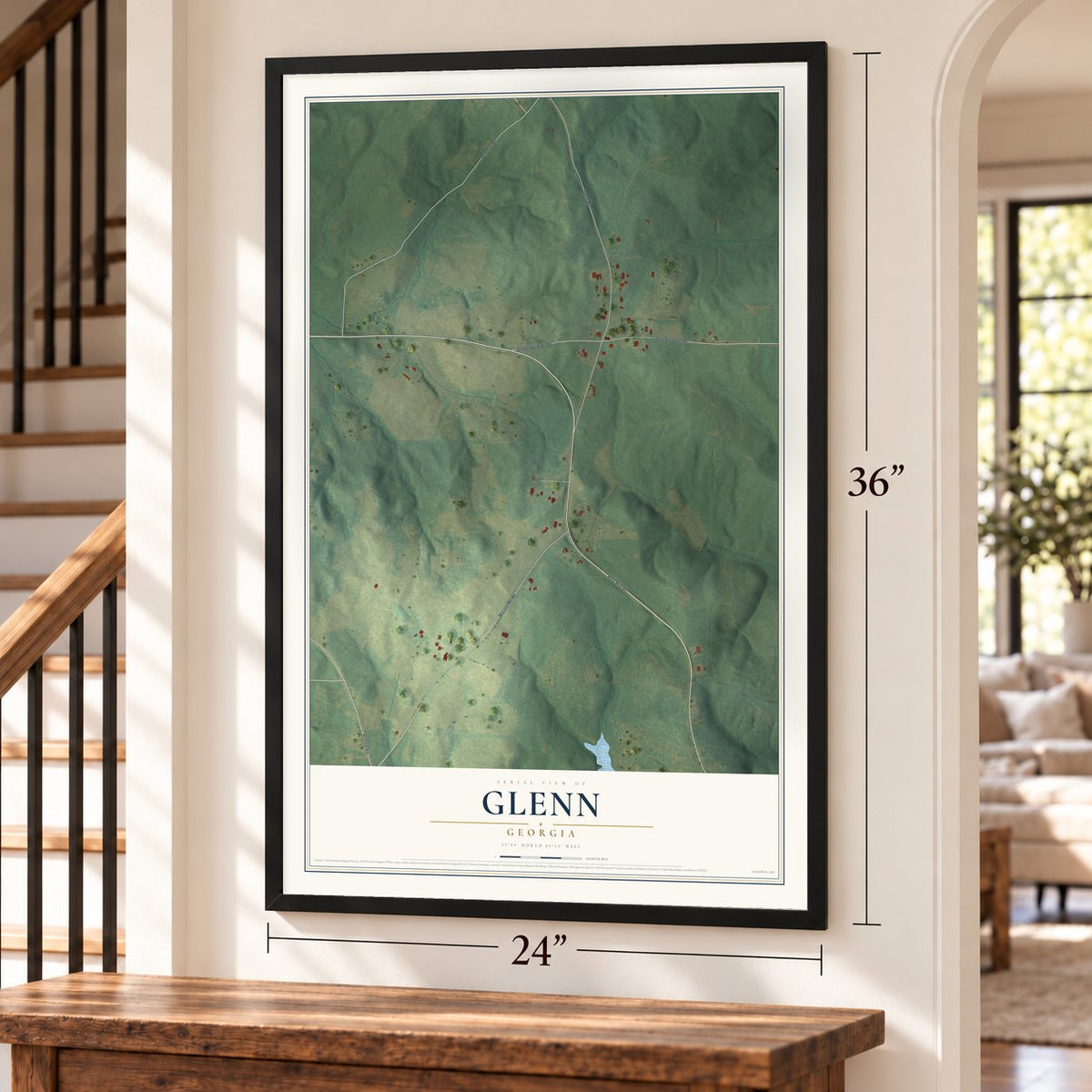 Glenn, Georgia map, 24 x 36 inch print in a black frame by a staircase