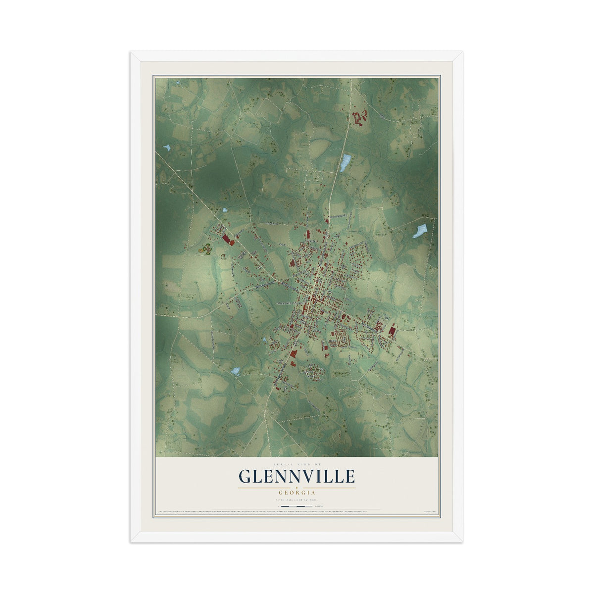Glennville, Georgia map print, 12" x 18" W/ White Ayous Wood Frame mockup