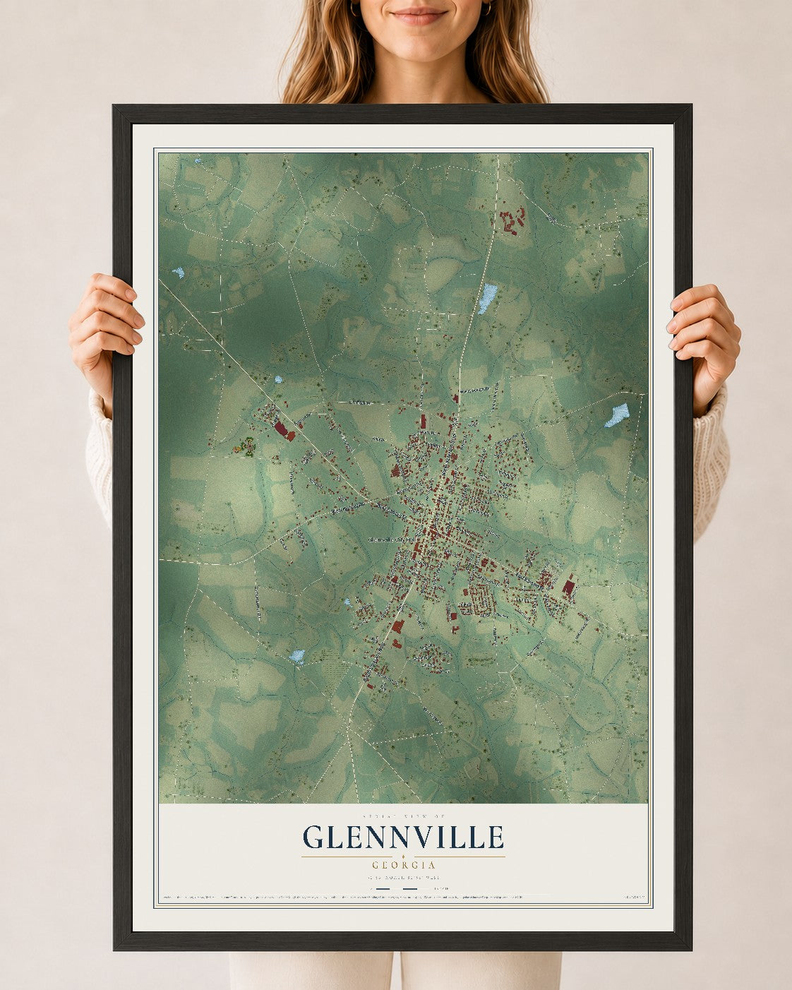 Glennville, Georgia map print, 24" x 36" W/ Black Ayous Wood Frame mockup