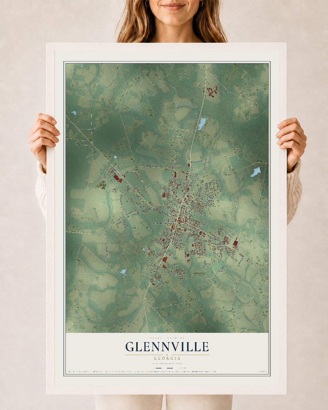 Glennville, Georgia map print, 24" x 36" W/ White Ayous Wood Frame mockup