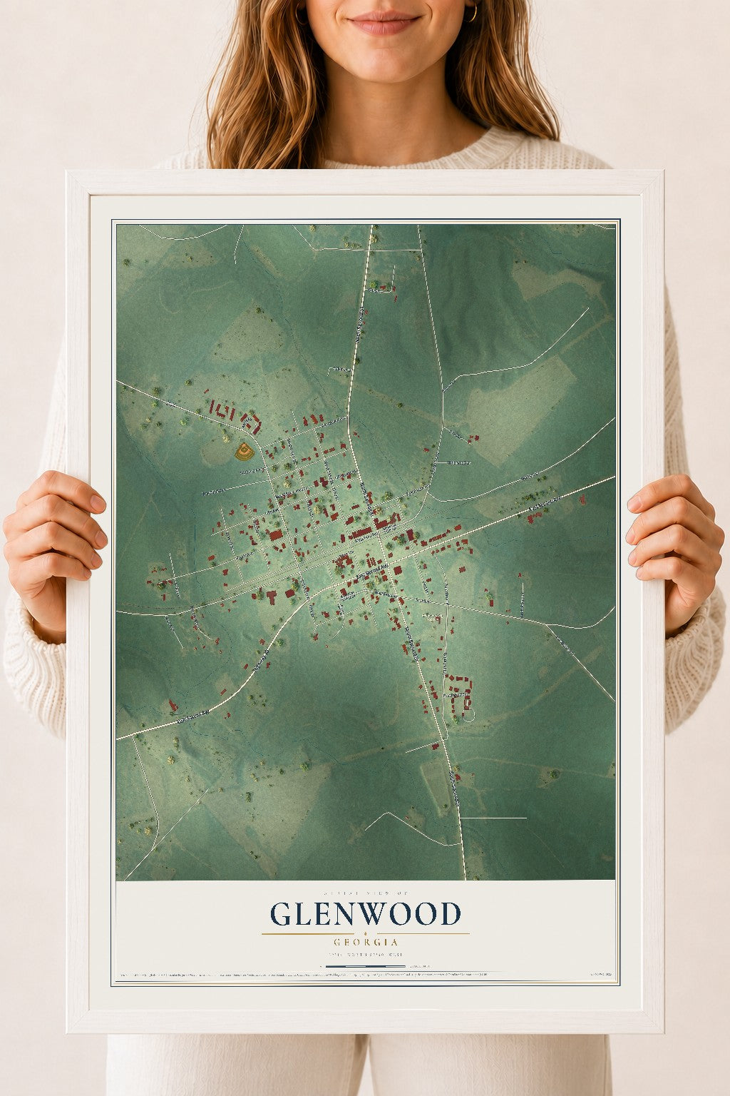 Glenwood, Georgia map print, 18" x 24" W/ White Ayous Wood Frame mockup