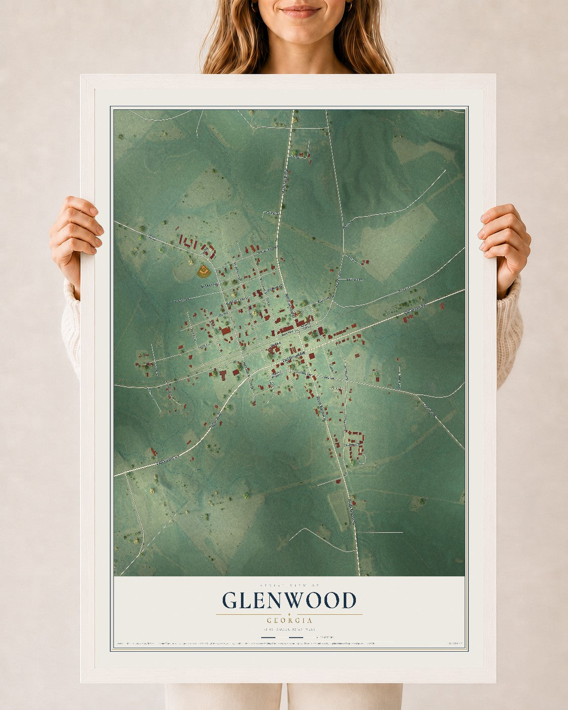 Glenwood, Georgia map print, 24" x 36" W/ White Ayous Wood Frame mockup