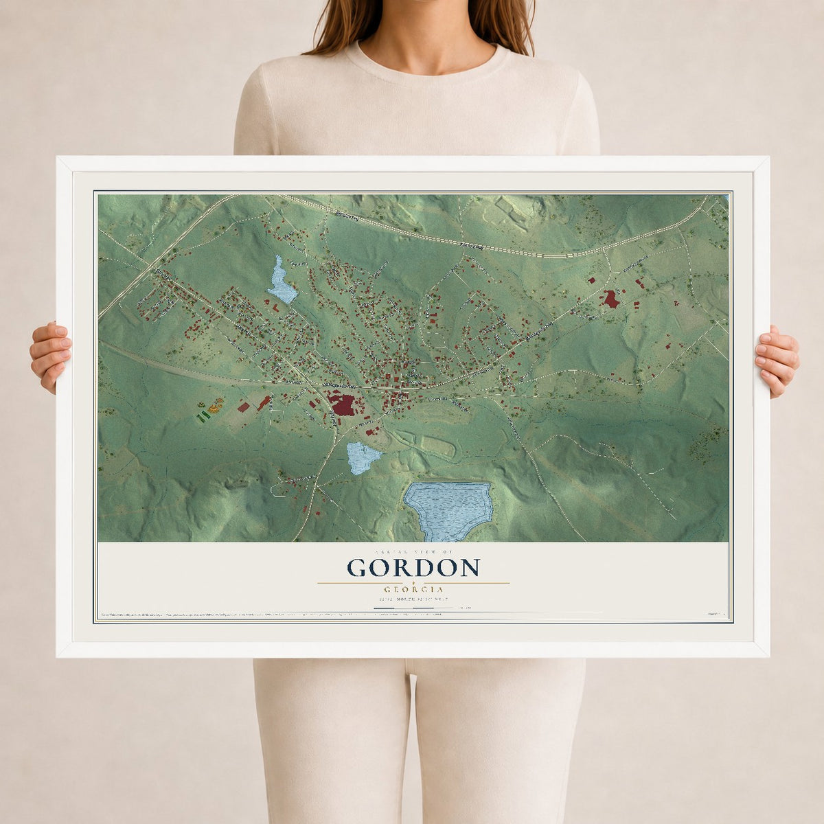 Gordon, Georgia map print, 24" x 36" W/ White Ayous Wood Frame mockup
