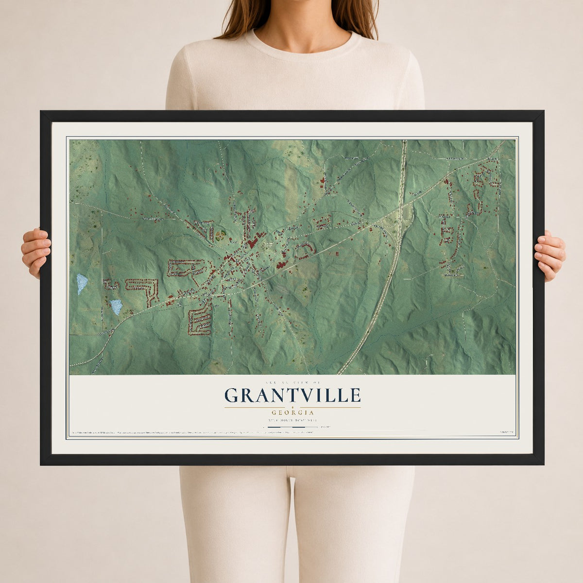 Grantville, Georgia map print, 24" x 36" W/ Black Ayous Wood Frame mockup