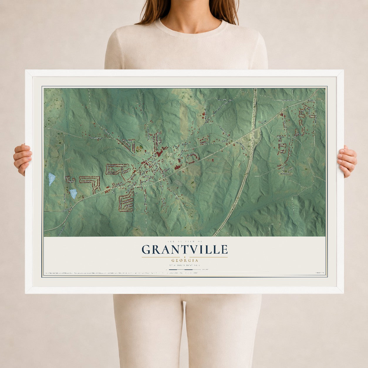 Grantville, Georgia map print, 24" x 36" W/ White Ayous Wood Frame mockup