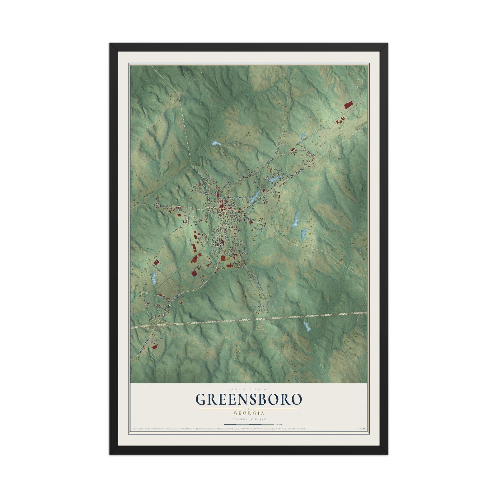 Greensboro, Georgia map print, 12" x 18" W/ Black Ayous Wood Frame mockup