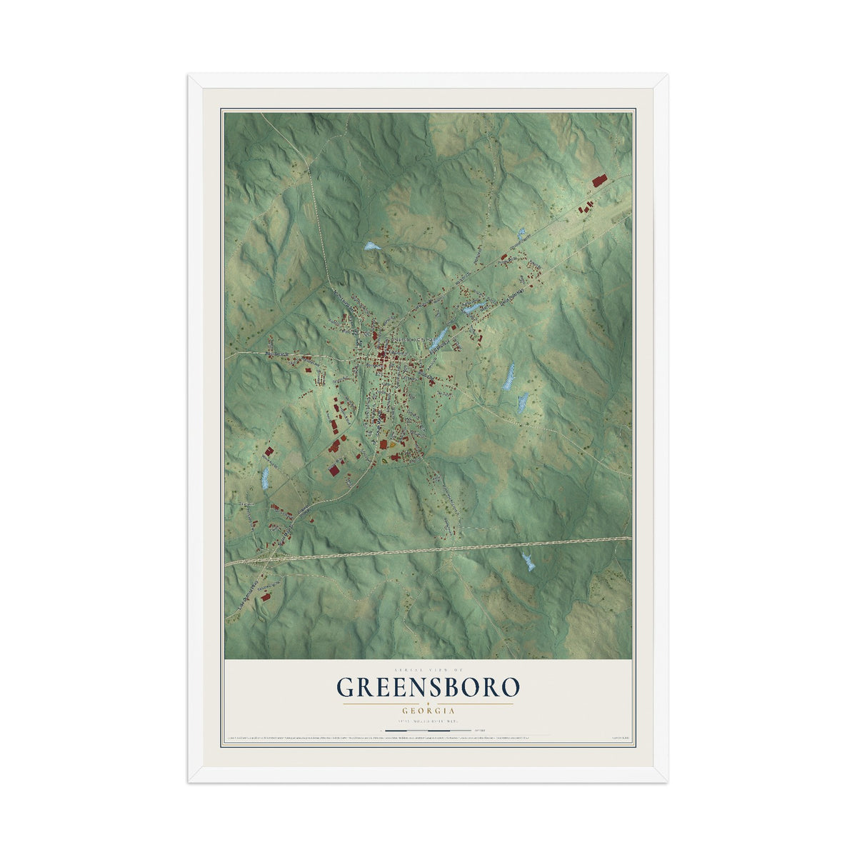 Greensboro, Georgia map print, 12" x 18" W/ White Ayous Wood Frame mockup