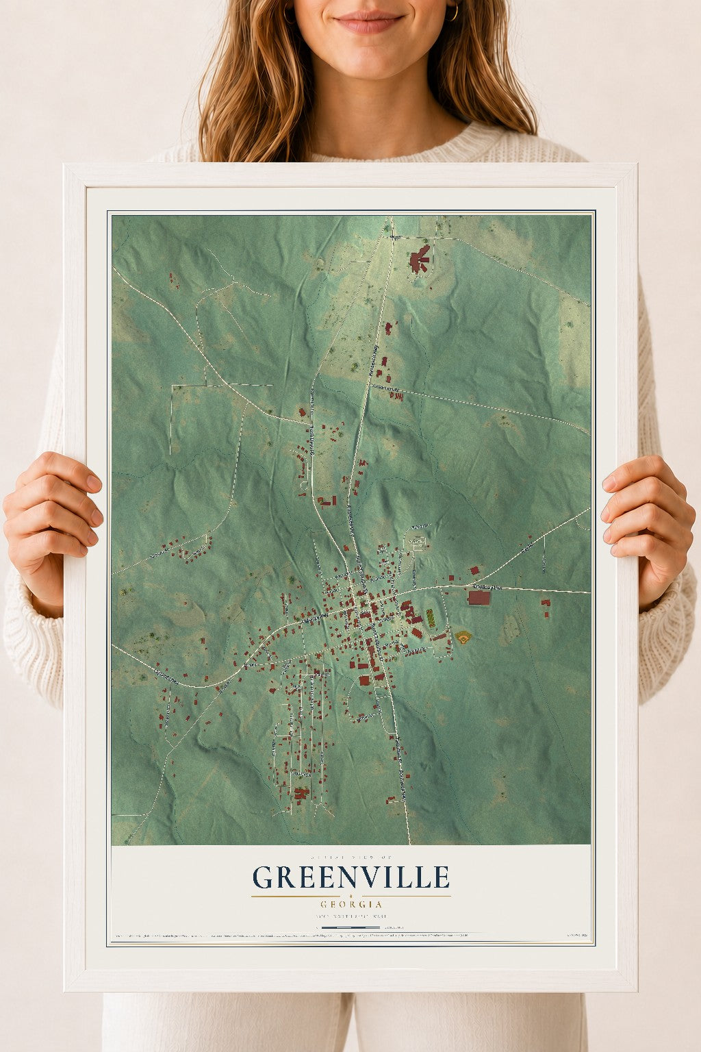Greenville, Georgia map print, 18" x 24" W/ White Ayous Wood Frame mockup