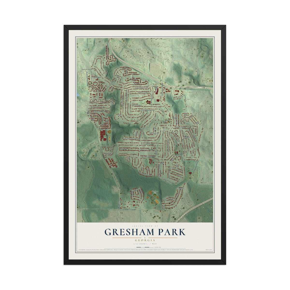 Map of Gresham Park, Georgia, 12 x 18 inch print in a black wood frame